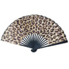 A folding hand fan with a leopard print design featuring brown and black spots.