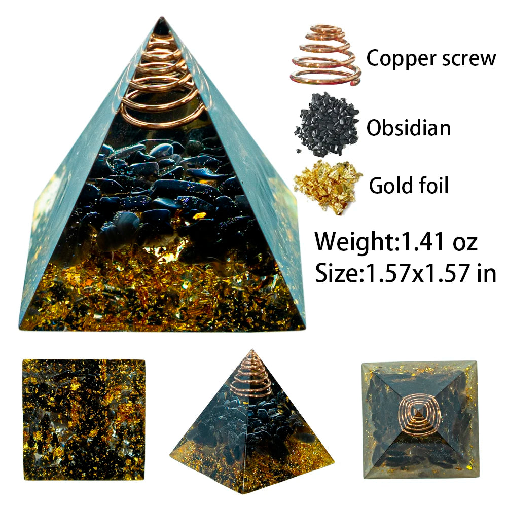 A triangular pyramid crystal display featuring obsidian, gold foil, and a copper screw.