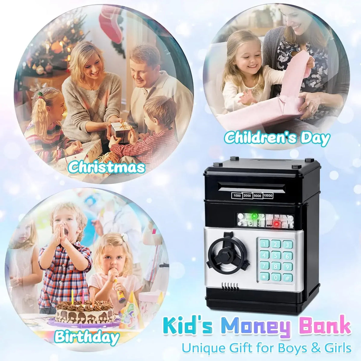 A black kids money bank with a lock and coin slot, shown alongside Christmas and birthday themed images.