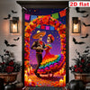 A vibrant decorative banner featuring a couple in Mexican-style attire surrounded by colorful flowers and bats.