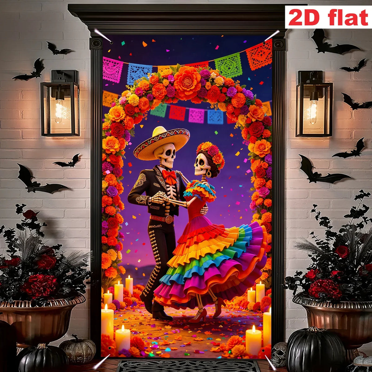 A vibrant decorative banner featuring a couple in Mexican-style attire surrounded by colorful flowers and bats.