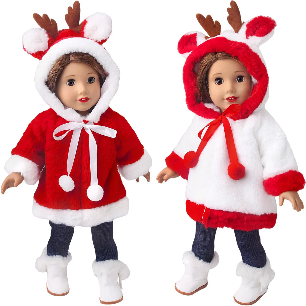 A Christmas doll outfit set featuring a red and white furry hood and jacket for dolls.