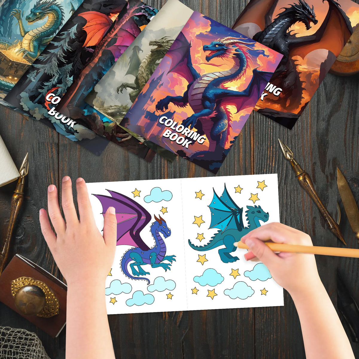 Mains colorient une page à thème dragon pour un livre de coloriage pour enfants.
