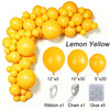 A collection of lemon yellow latex balloons and accessories including ribbon, chain, and glue for party decor.