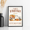 Farm fresh pumpkins and a vintage truck art poster with free delivery text