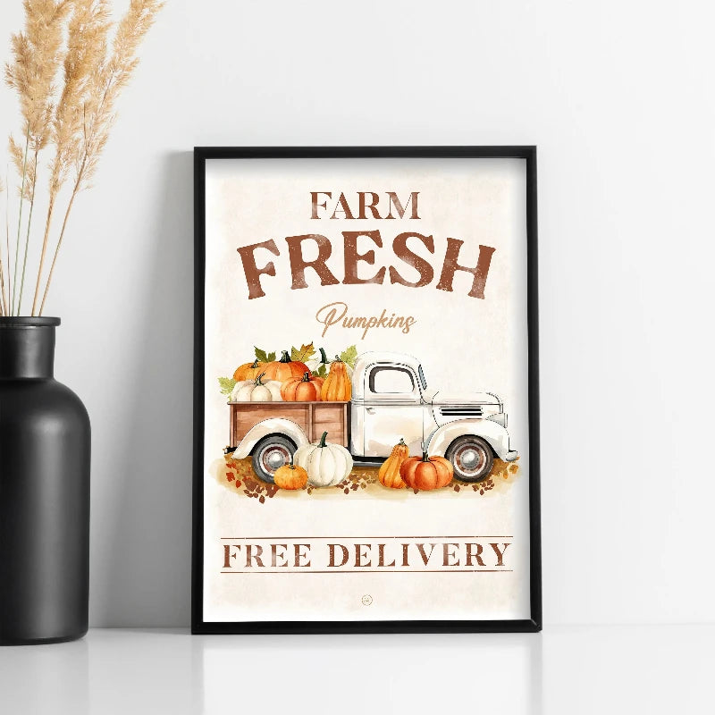Farm fresh pumpkins and a vintage truck art poster with free delivery text