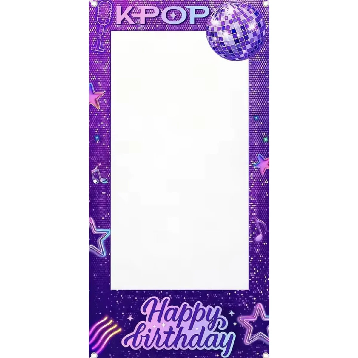 Purple glitter photo frame backdrop with a sparkly sphere and birthday text