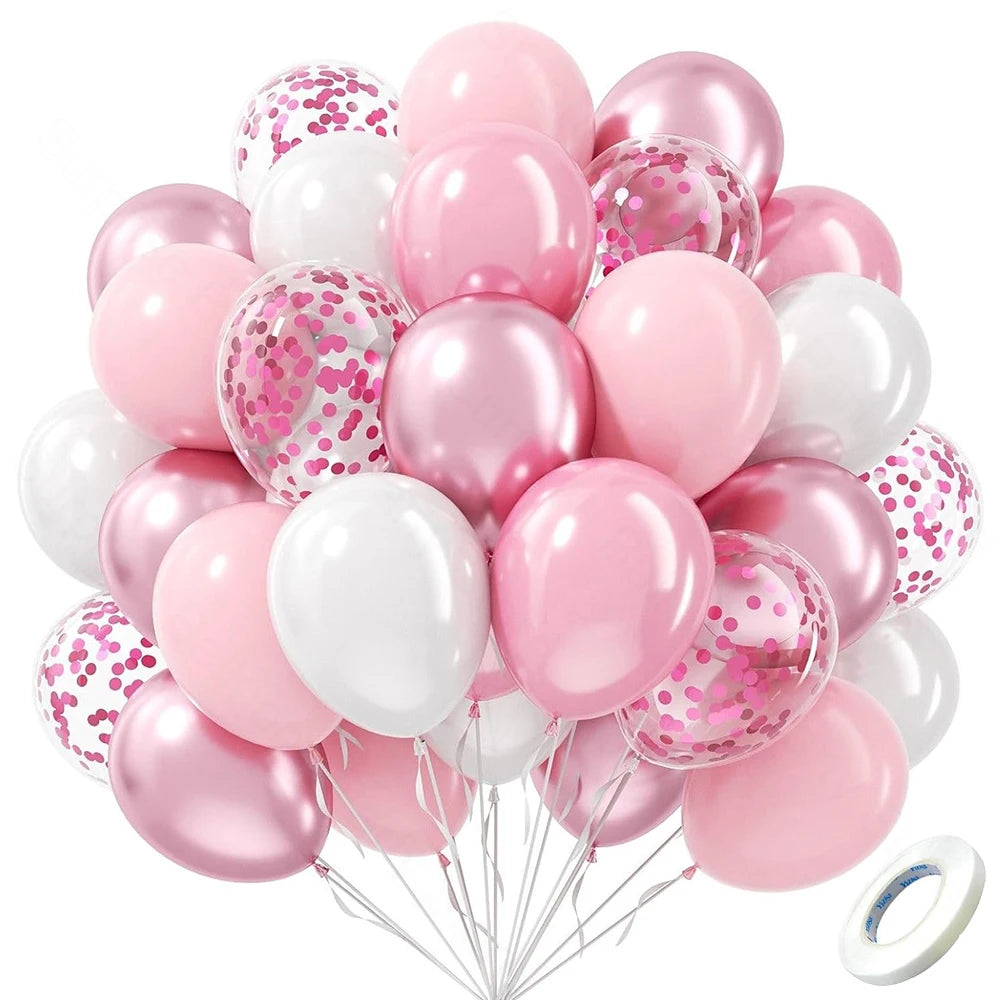A bouquet of pastel pink and white latex balloons with metallic confetti accents.