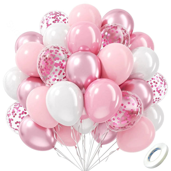 A bouquet of pastel pink and white latex balloons with metallic confetti accents.