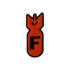 An orange enamel pin featuring a stylized shark head design.