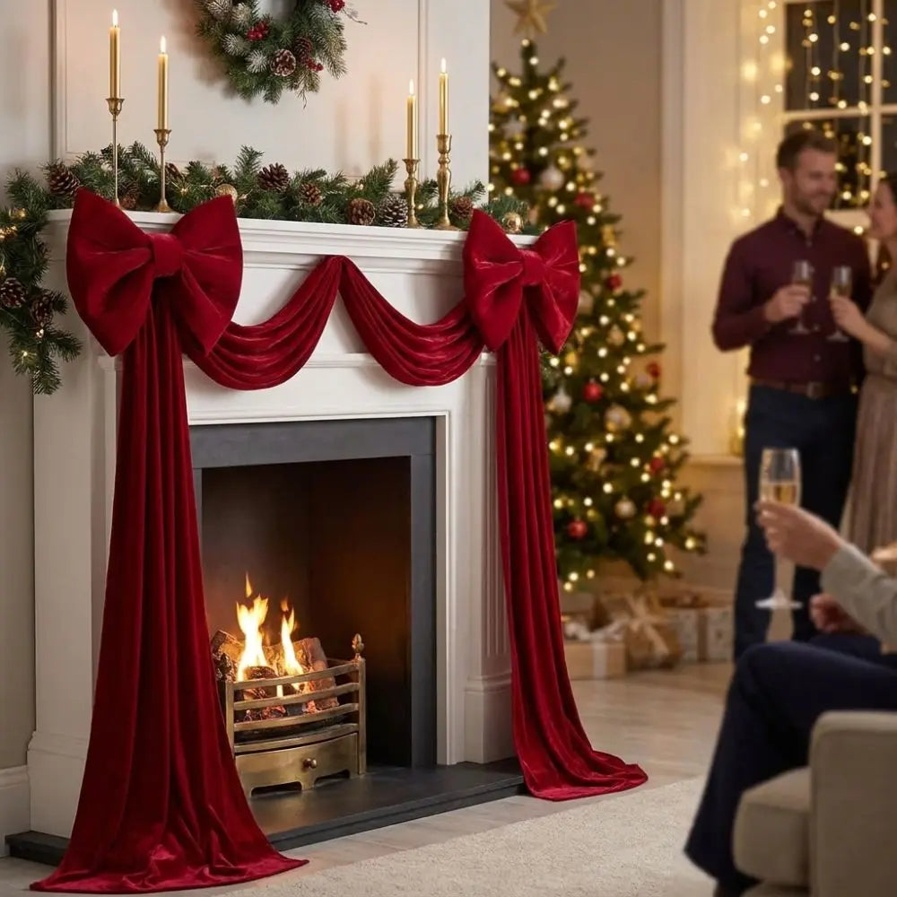 A fireplace decorated with a red velvet bow and streamers, set against a backdrop of a lit Christmas tree.