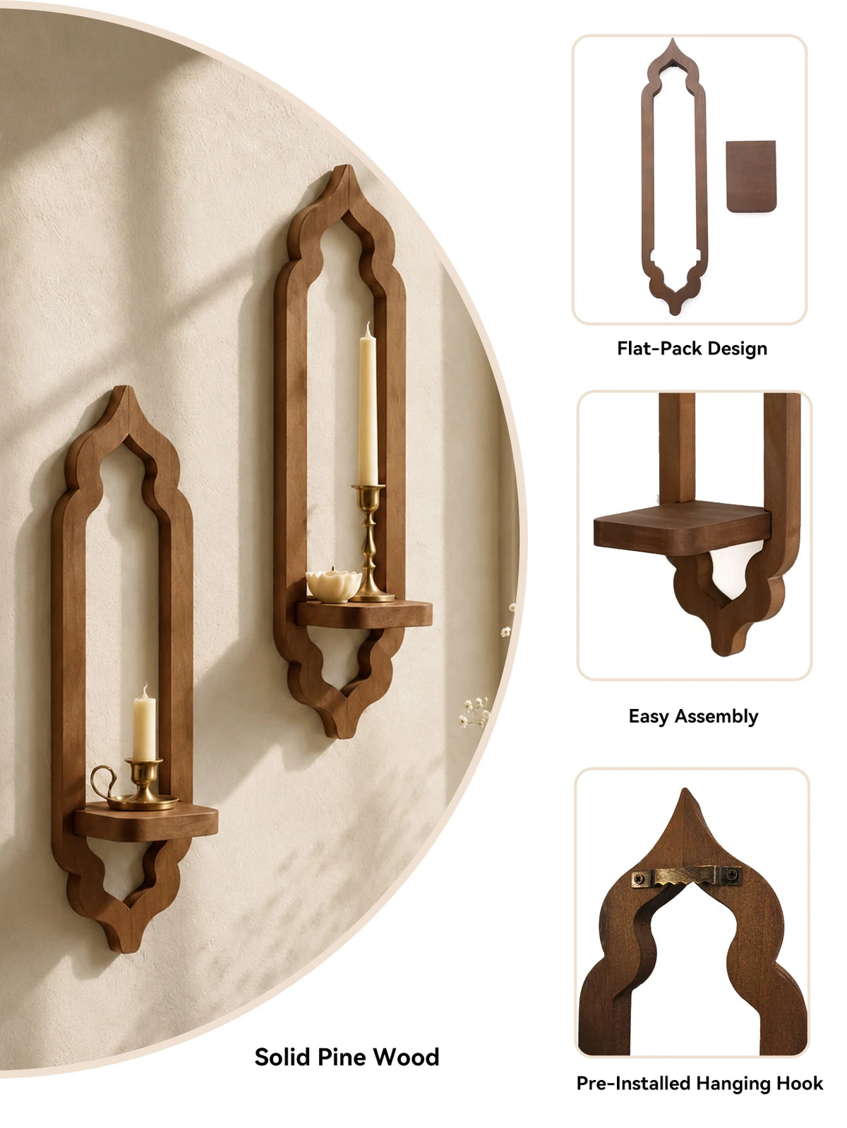A set of rustic arch wooden wall shelves made from solid pine wood with a flat-pack design and easy assembly.