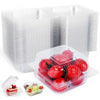 A set of clear plastic cake slice boxes with lids and a small container of fruit are shown.