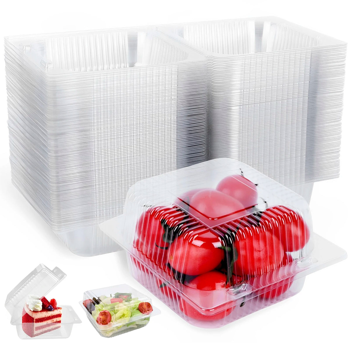 A set of clear plastic cake slice boxes with lids and a small container of fruit are shown.