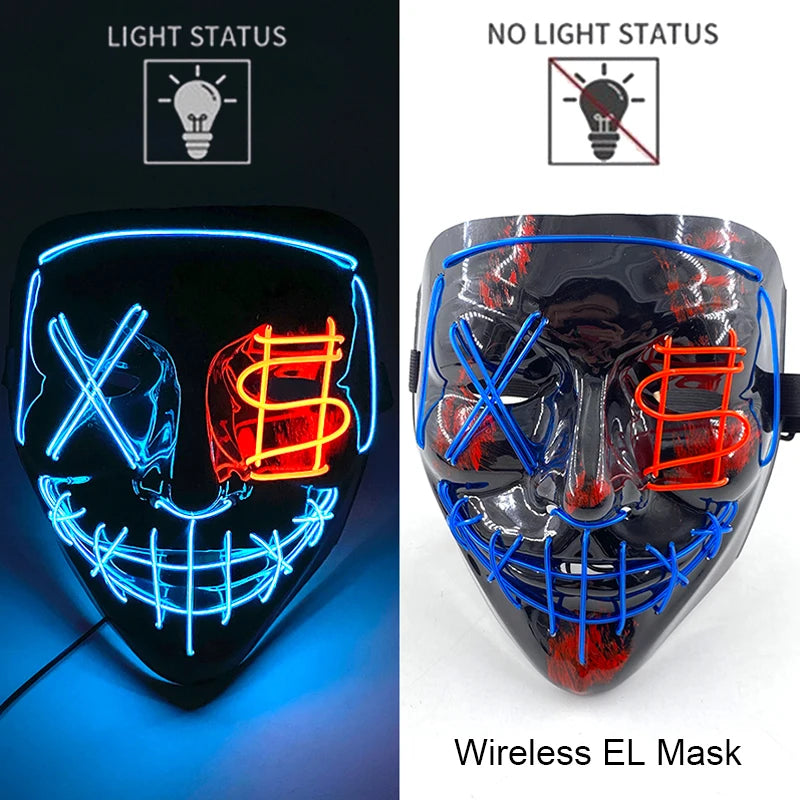 A black EL mask with neon blue and red wire details, shown in light status and no light status views.