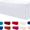 A collection of elastic fitted spandex tablecloths in various colors including blue, red, white, and pink.
