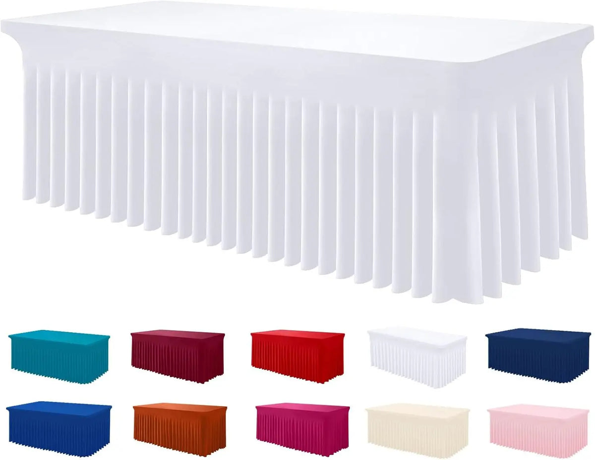 A collection of elastic fitted spandex tablecloths in various colors including blue, red, white, and pink.