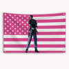 A banner featuring a pink and white striped American flag design with a figure standing in the foreground.