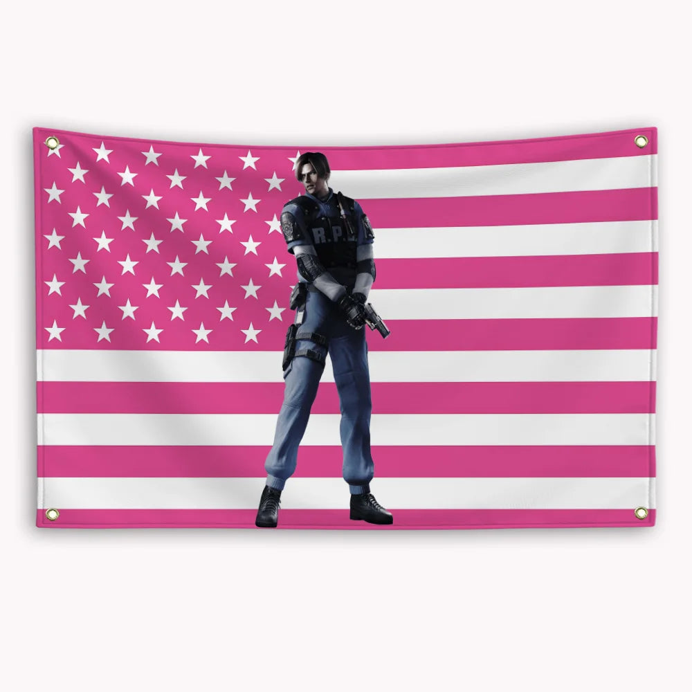 A banner featuring a pink and white striped American flag design with a figure standing in the foreground.