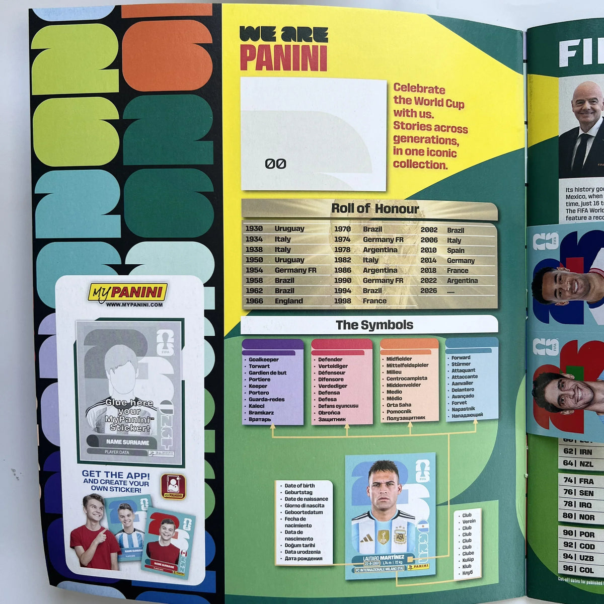 A colorful box featuring Panini 2026 FIFA World Cup official stickers and information about the Roll of Honour.