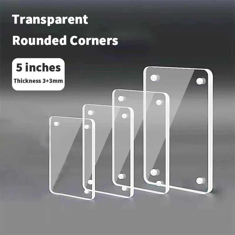 A set of five transparent acrylic photo frames with rounded corners and magnetic display stands.