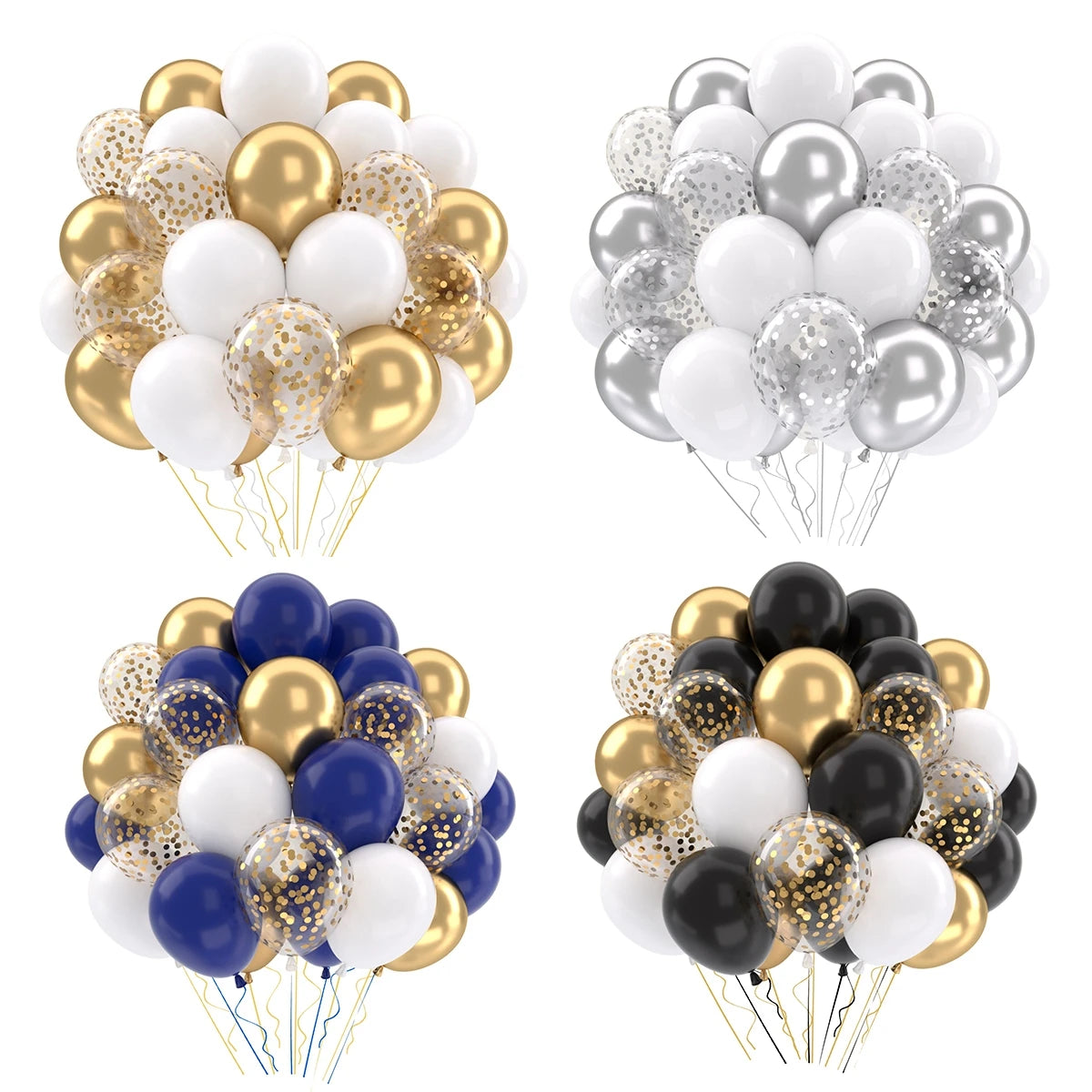 A collection of balloon bouquets featuring white, gold, silver, and blue balloons with metallic pearl confetti accents.