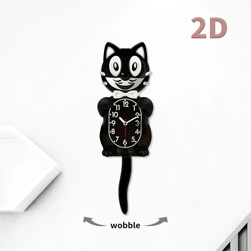 A black cartoon cat wall clock with a white face and swinging tail, showing the time.