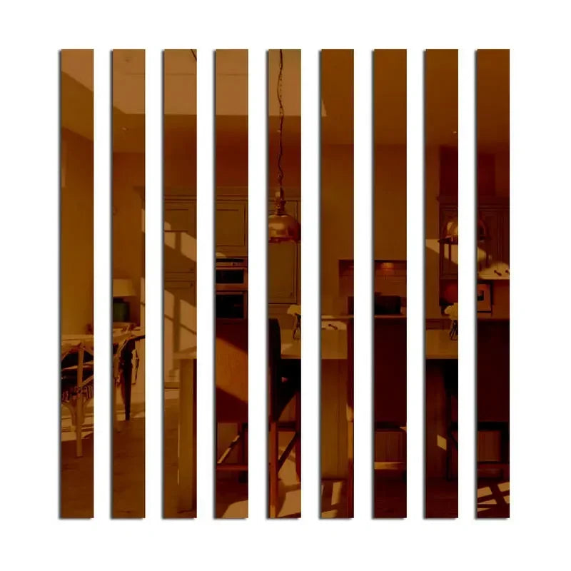 A set of vertical acrylic mirror strips used as wall stickers for modern home decor.