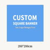 A rectangular blue banner for custom square party use with grommets.