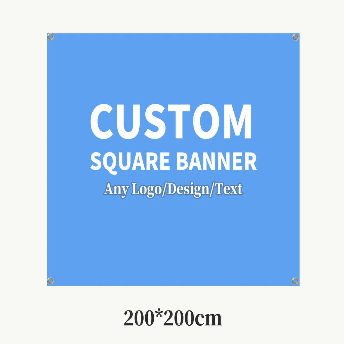 A rectangular blue banner for custom square party use with grommets.