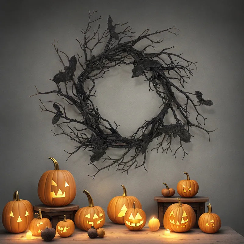 A dark, intricate wreath made of black branches and bats hangs against a gray wall, surrounded by carved pumpkins.