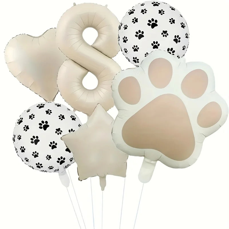 A set of six foil balloons featuring paw prints and the number eight in white and beige colors.