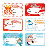 A collection of festive Merry Christmas decorative stickers featuring Santa hats, snowmen, and holiday designs for gift wrapp