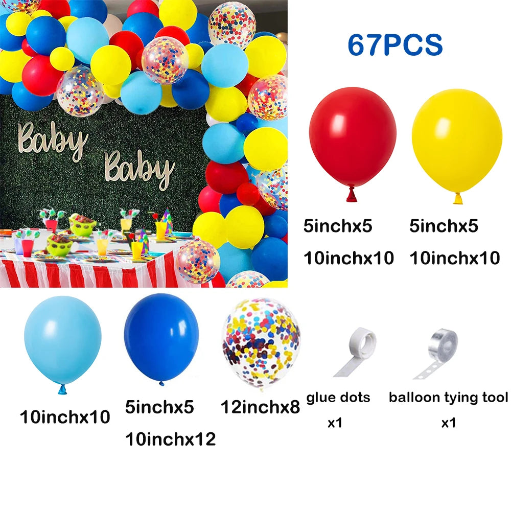 Rainbow carnival balloon garland arch kit with star foil accents including various colored balloons and tools