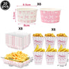 A set of pink bow-themed birthday party supplies including cups and potato chips.