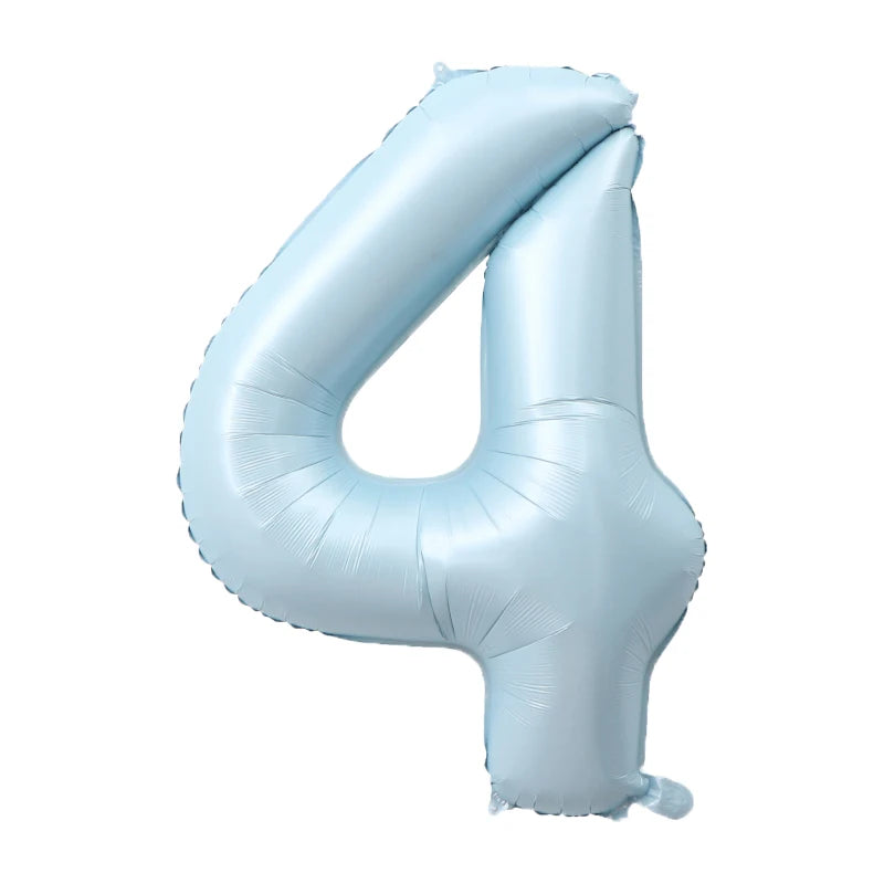A light blue foil number balloon shaped like the number 4.