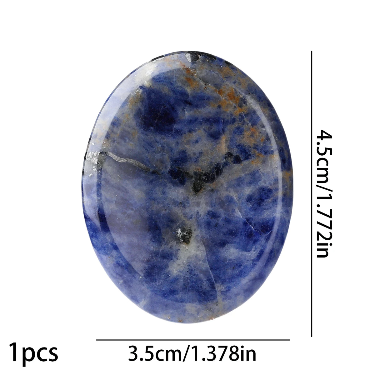 A smooth, oval-shaped natural blue stone bead with varying shades of blue and brown inclusions.