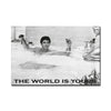 Black and white illustration of a man floating in water with the text The World Is Yours