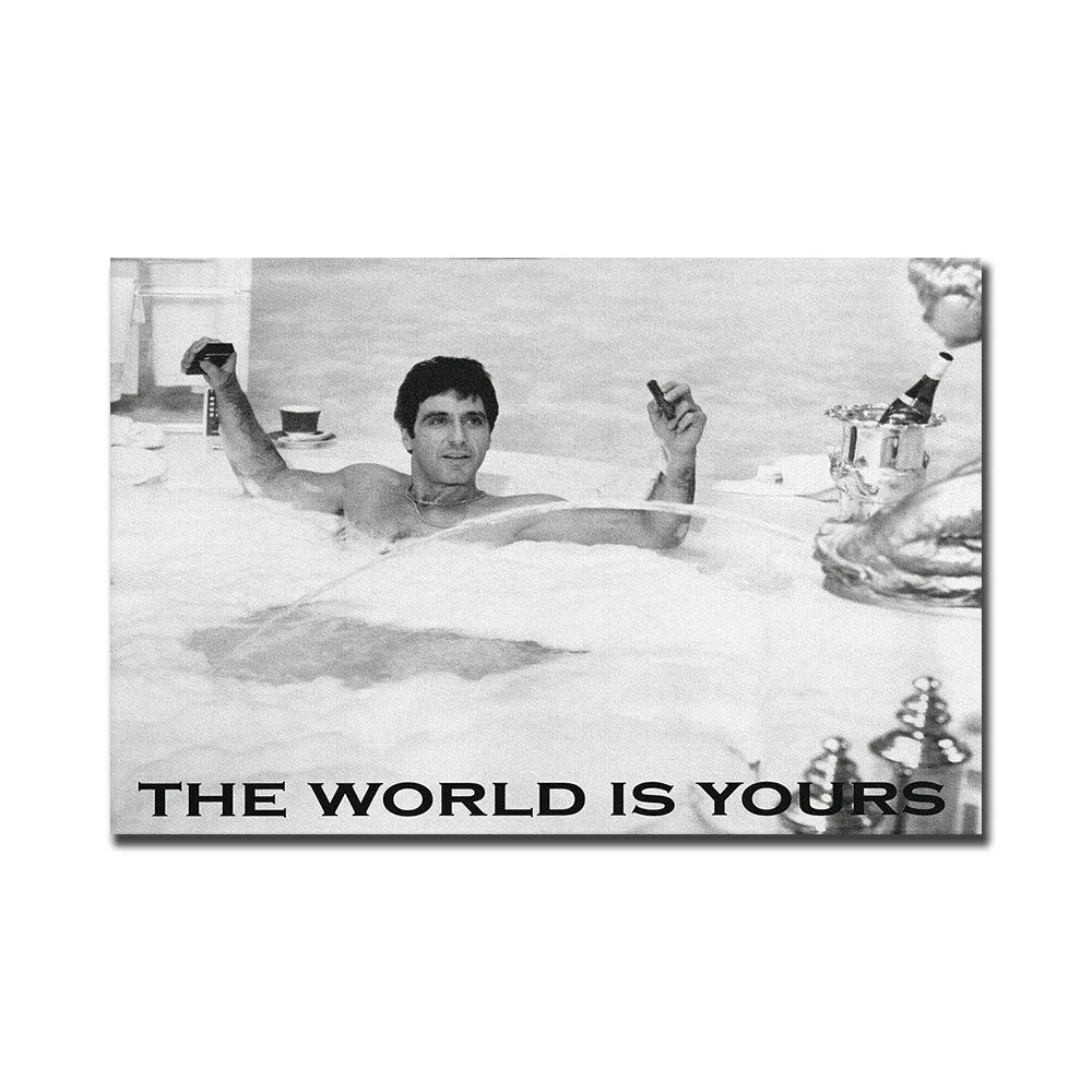 Black and white illustration of a man floating in water with the text The World Is Yours