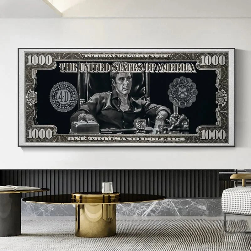 A framed canvas wall art print depicting a 1000 Federal Reserve note with the text The United States of America and 1000 doll