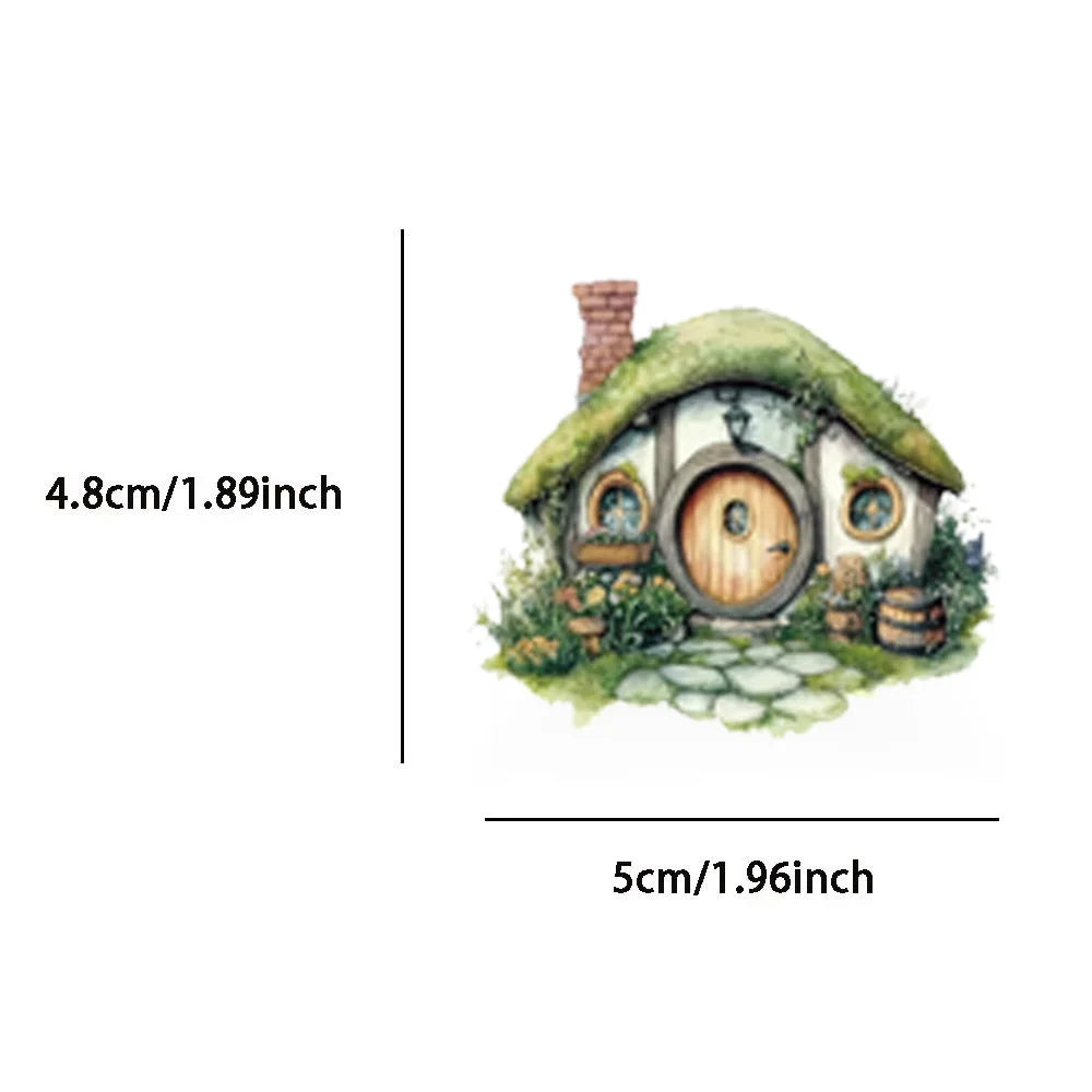 A watercolor illustration of a rustic cottage with a thatched roof and a chimney, surrounded by greenery.