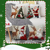 A set of four festive Christmas linen throw pillow covers featuring deer, Santa, and a Christmas tree design.