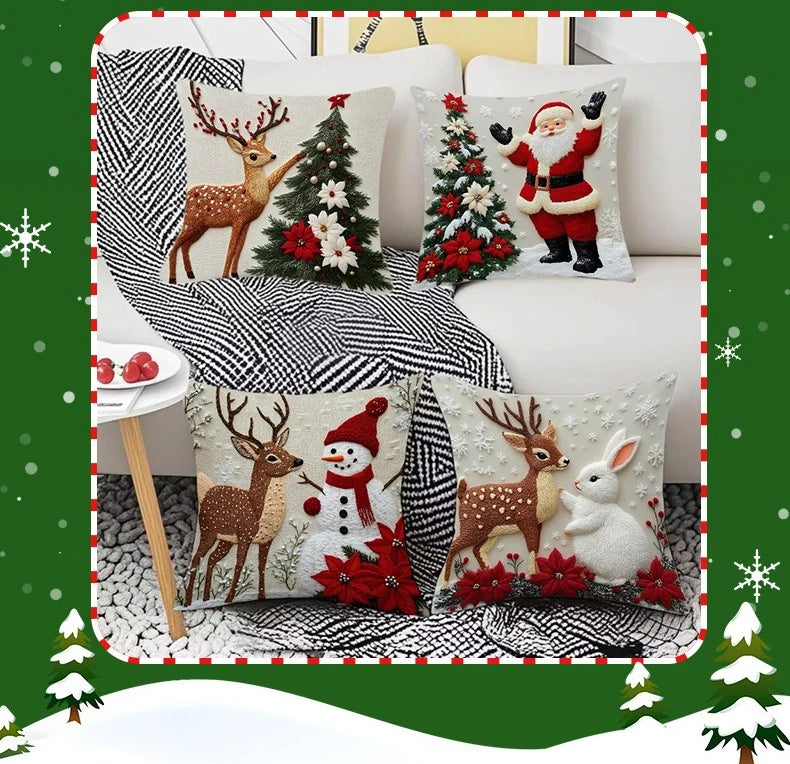 A set of four festive Christmas linen throw pillow covers featuring deer, Santa, and a Christmas tree design.