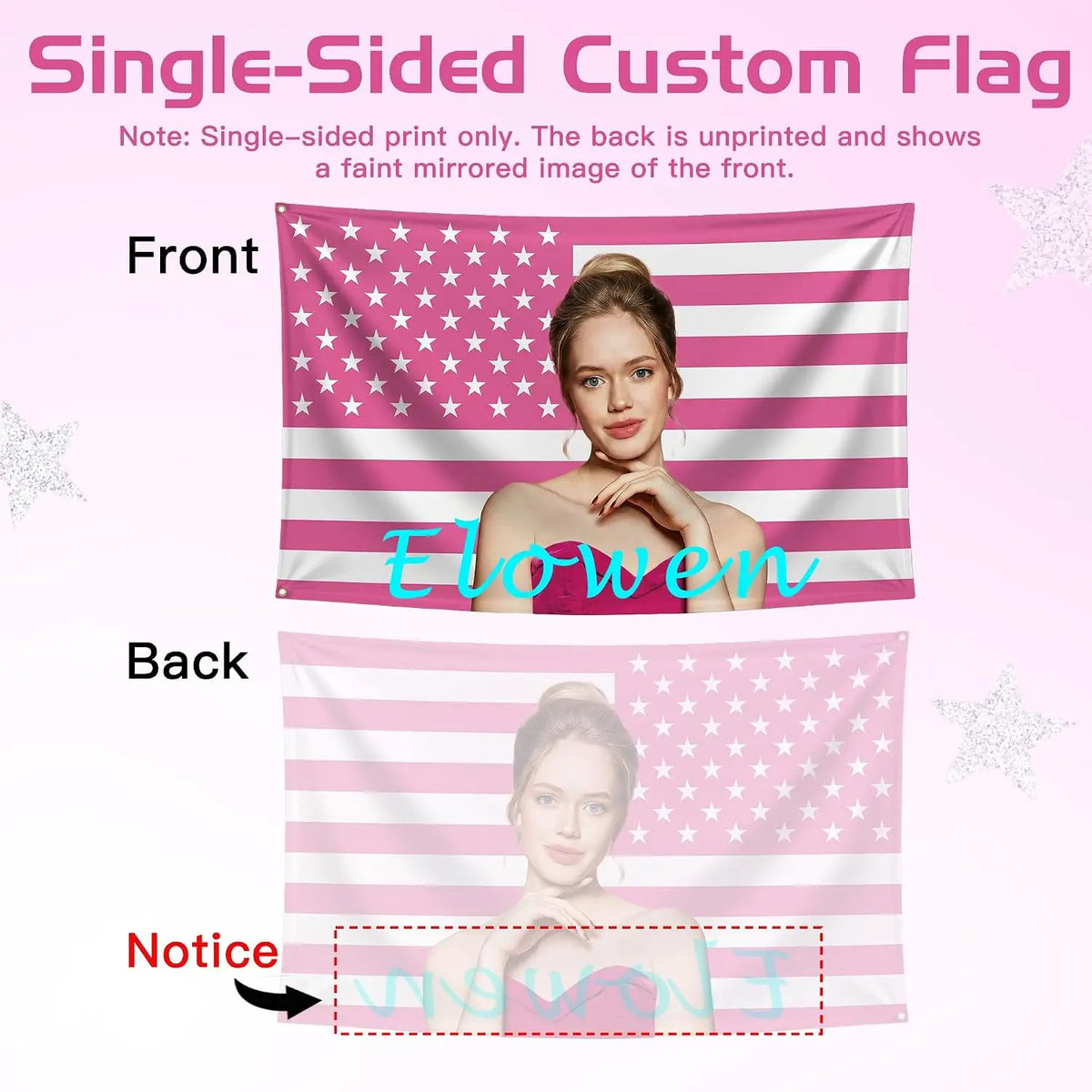 A pink and white striped flag showing a woman's portrait on the front and a faint mirrored image on the back