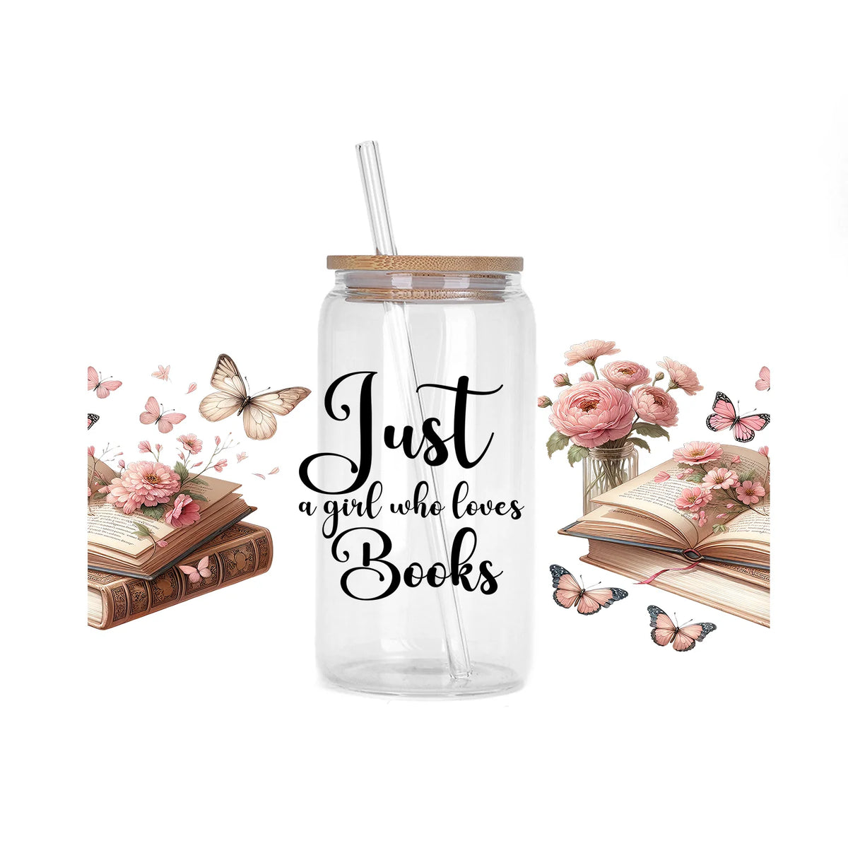 A glass jar filled with clear liquid and a straw, surrounded by pink flowers, open books, and butterfly stickers.