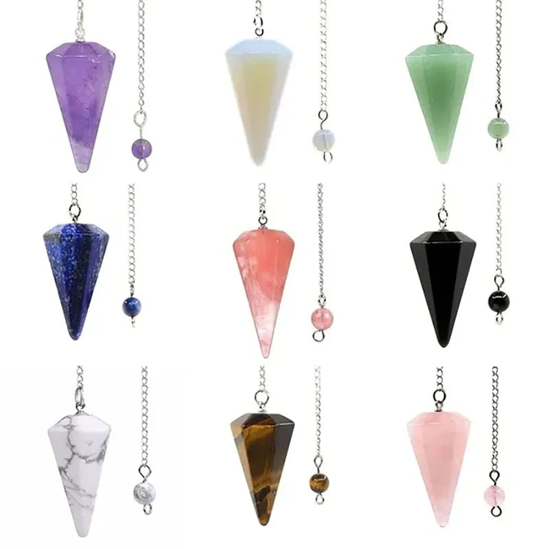 A collection of natural stone pendants in various shades of purple, green, blue, pink, and black.
