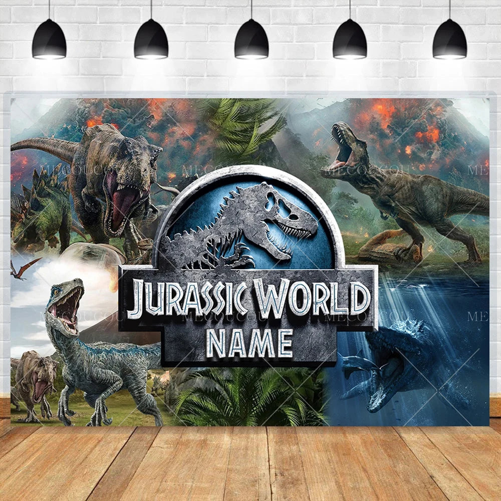 A large banner featuring various dinosaurs against a jungle background for a birthday theme.