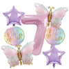 A set of seven pink butterfly number balloons shaped like the number seven for a birthday party decor set.