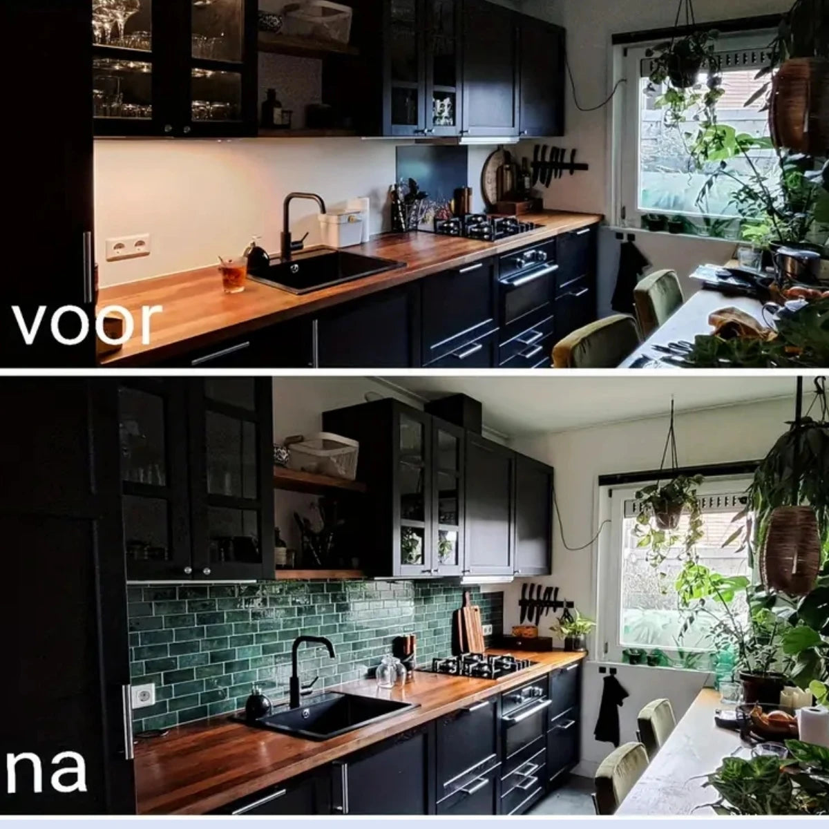 A kitchen interior showing dark cabinetry and a wooden countertop with green subway tile backsplash.