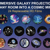 A display of various colorful galaxy projection discs and films for an immersive galaxy projection system.